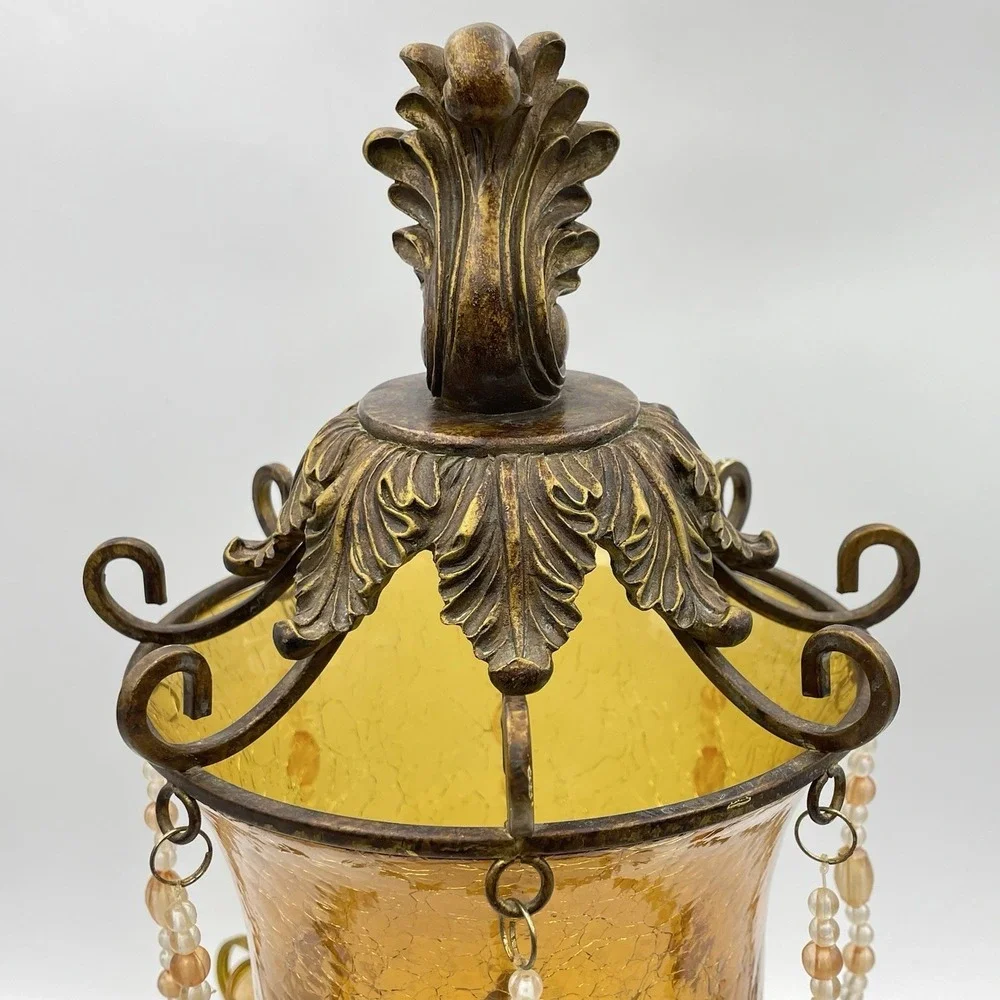 Vintage Bombay Company Bronze Amber Crackle Glass Beaded Table Lamp Tested/Works